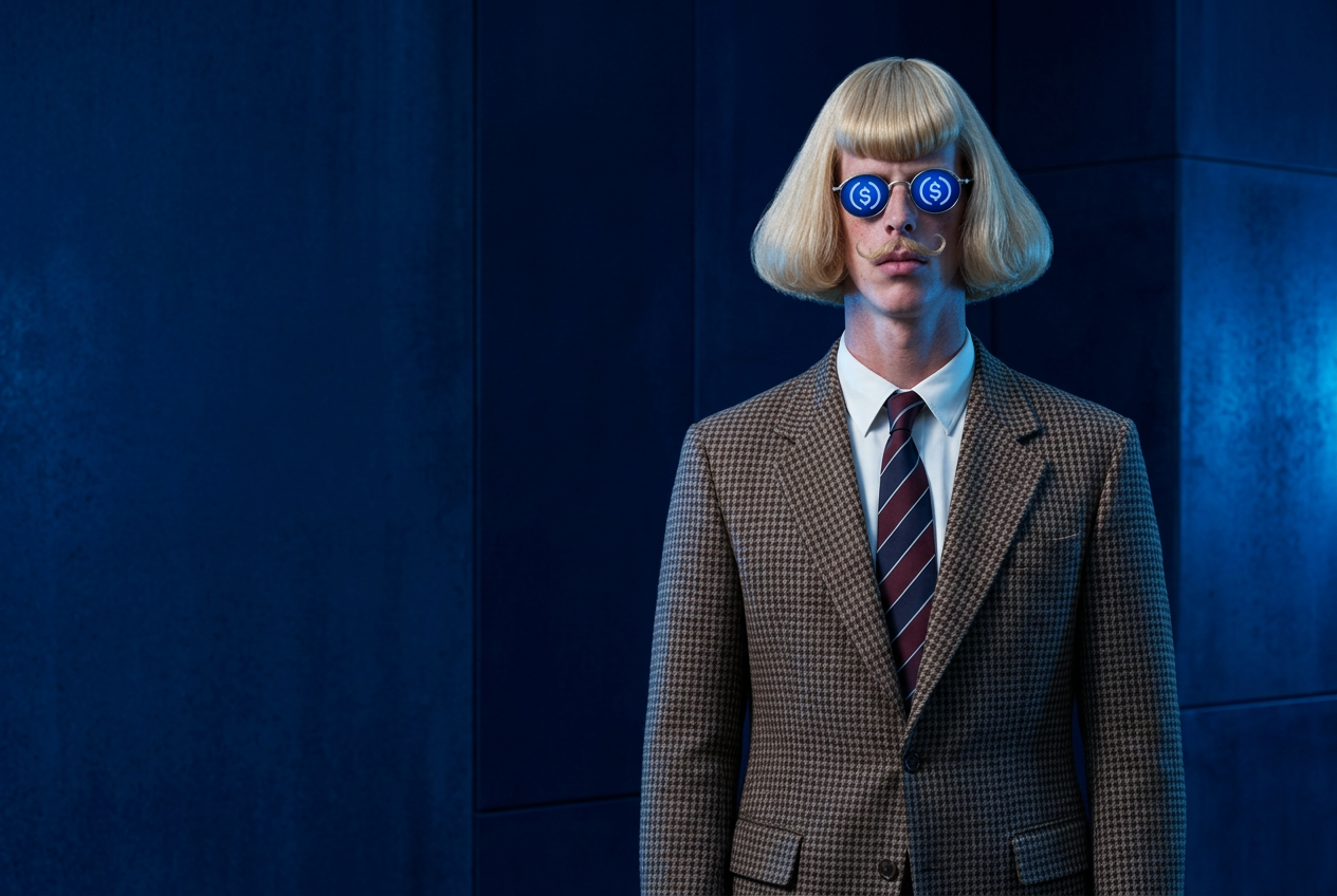 Jean Phil standing in his checked suit wearing blue round glasses